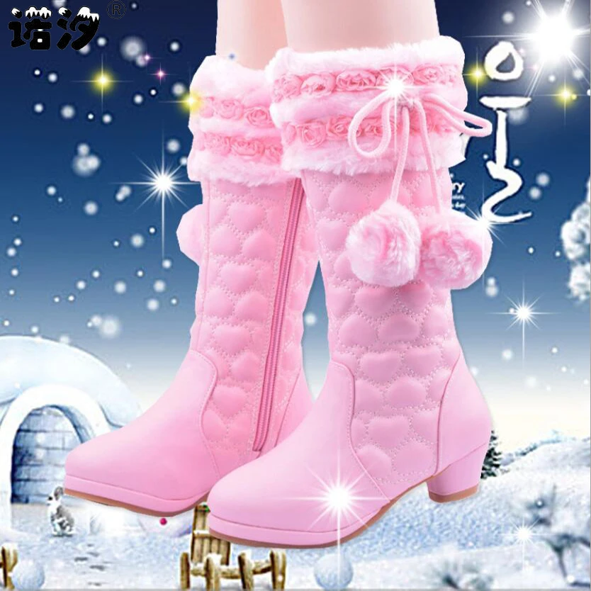 

Girls leather shoes baby girls snow boots children winter plush inside shoes kids PU Leather Princess shoes teenage lovely shoes