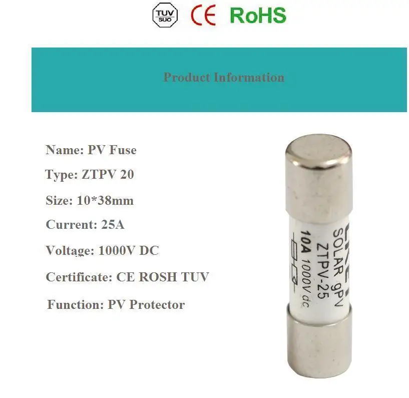 Солнечный ПВ предохранитель 1000 в 10*38 мм 25A DC PV металлические сплавы для солнечной системы защиты 5 шт./партия