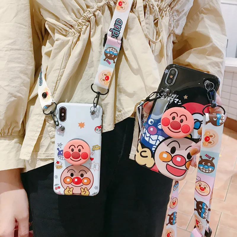 

3pcs For iPhone XS Max cartoon Anpanman case, Cute Soft back case For iPhone 8plus XR X 7 7plus 6S 6P cover + stander+ Strap