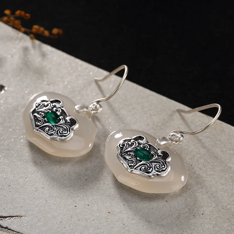 

New Fashion Silver S990 Silver Coin Antique Mosaic Jade, Pomegranate Red Eardrop Wholesale Ladies' Earrings Wholesale