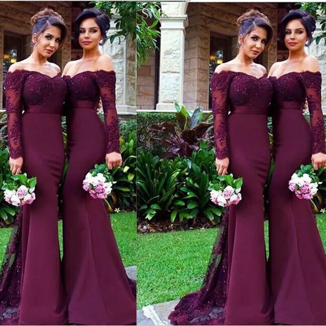 Sml 2016 Burgundy Lace Beach Party Mermaid Long Bridesmaid Dresses Sml 2016 Burgundy Lace Beach Party Mermaid Long Bridesmaid Dresses Arabic Off Shoulder Sleeve