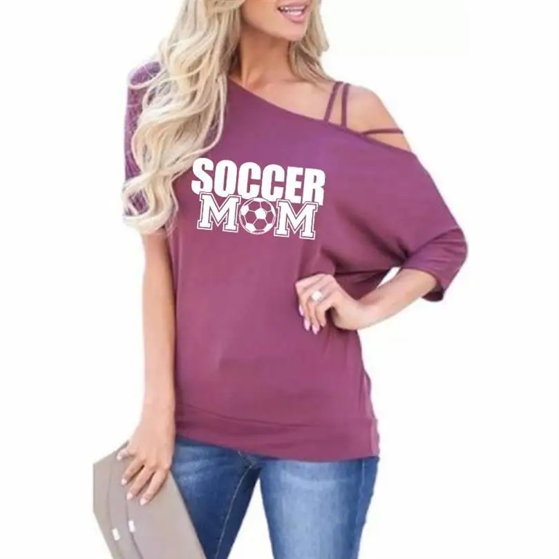 

Fashion T-Shirt For Women Soccer Mom Letters Print Slanted Shoulder Sleeve T-Shirt Women Tshirt Tops Streetwear Punk Cropped