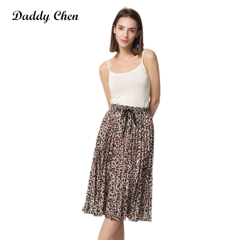 

Daddy Chen Pleated Elastic Skirt Woman Midi Skirt Casual Style Leopard Print Skirts Vadim Ladies Mid-Calf Bow Vogue Streetwear