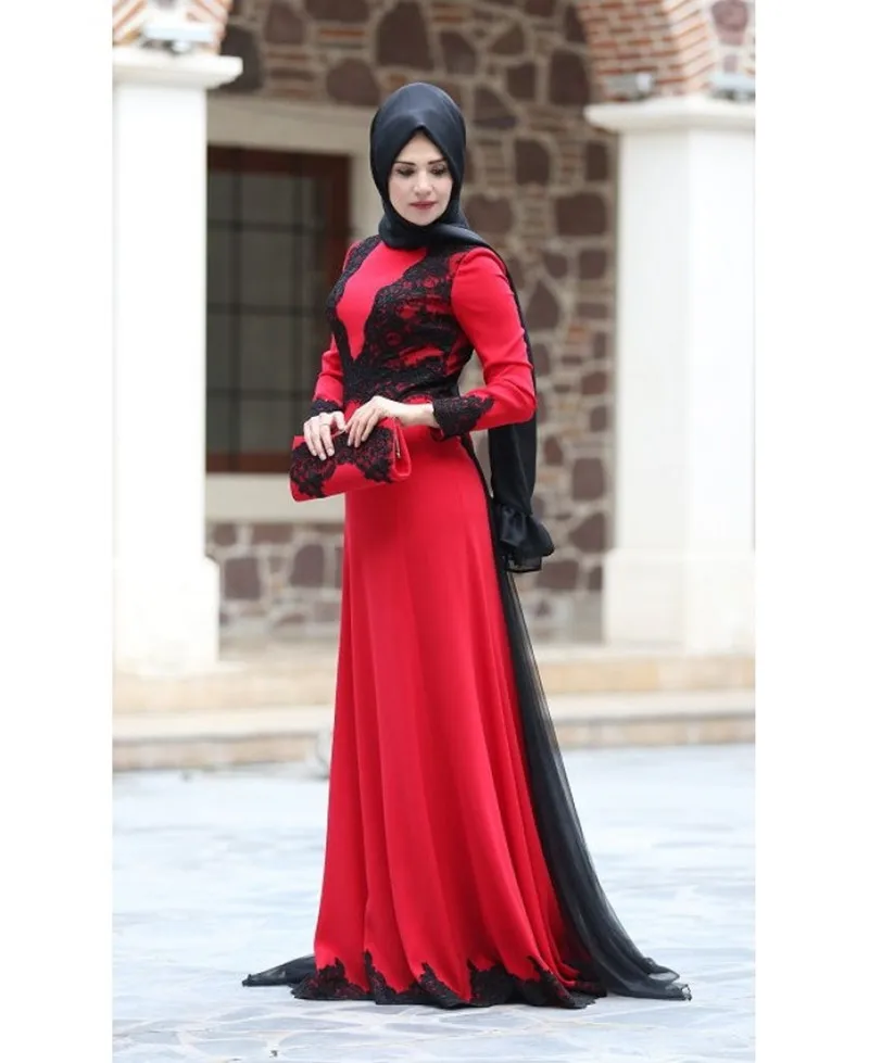 Elegant Long Sleeve Muslim Evening Dresses 2016 Red Chiffon With Black Lace font b Hijab b