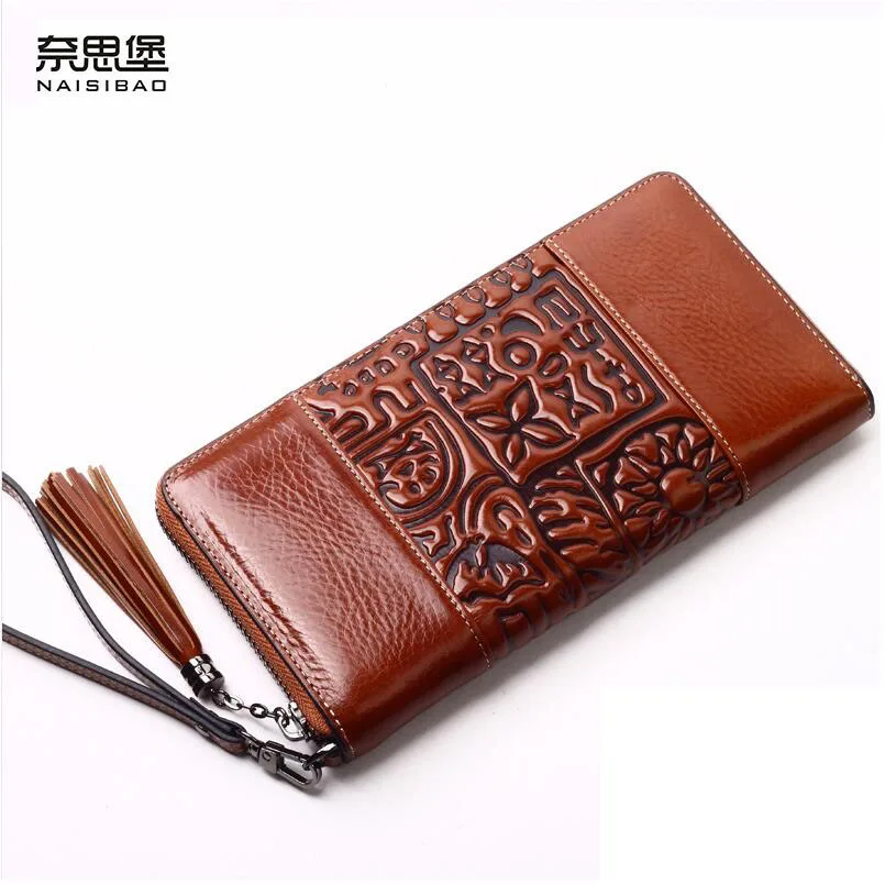 Women bag genuine leather brands fashion quality Head layer cowhide embossed retro zipper leather wallets women clutch bag