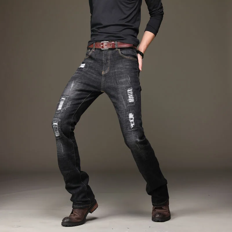 Men's Slim Bootcut Stretch Jeans Ripped Black Denim Flare Jeans Slim ...