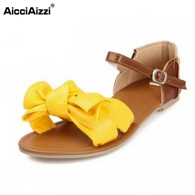 AicciAizzi Women Sandals Bohemia Bowknot Ankle Wrap Flat Sandals Brand Fashion Ladies Footwear Shoes Large Size 31-45