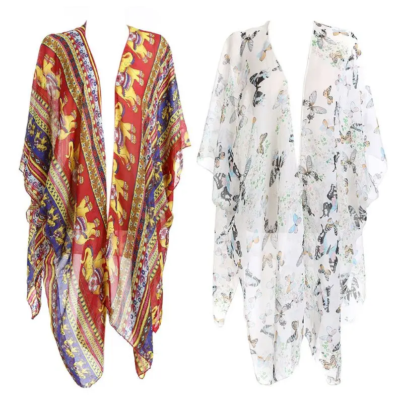 

Women Summer 3/4 Sleeves Swimsuit Cover Up Egypt Ethnic Colored Elephant Printed Kimono Cardigan Semi-Sheer Luxury Loose Shawl