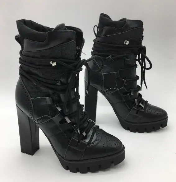 real photos large size custom make woman cool black leather chunky high heel high top lace up ankle boots plus size US 10 custom real photos large size custom make woman cool black leather chunky high heel high top lace up ankle boots plus size US 10 custom