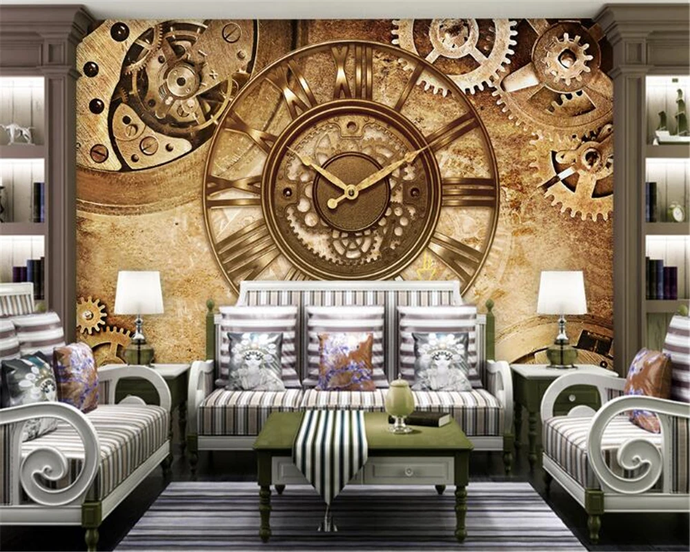 beibehang Fashion simple home decoration painting wallpaper retro gear clock background wall papel de parede wall paper behang 3d led wall clock date temperature display digital alarm clock for home living room office warehouse