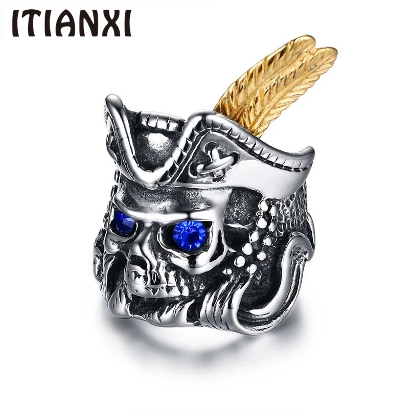 ITIANXI Stainless Steel Pirate Part Plated-Gold Skull Ring For Men Skeleton Feather Hat Titanium Boy's Punk | Украшения и