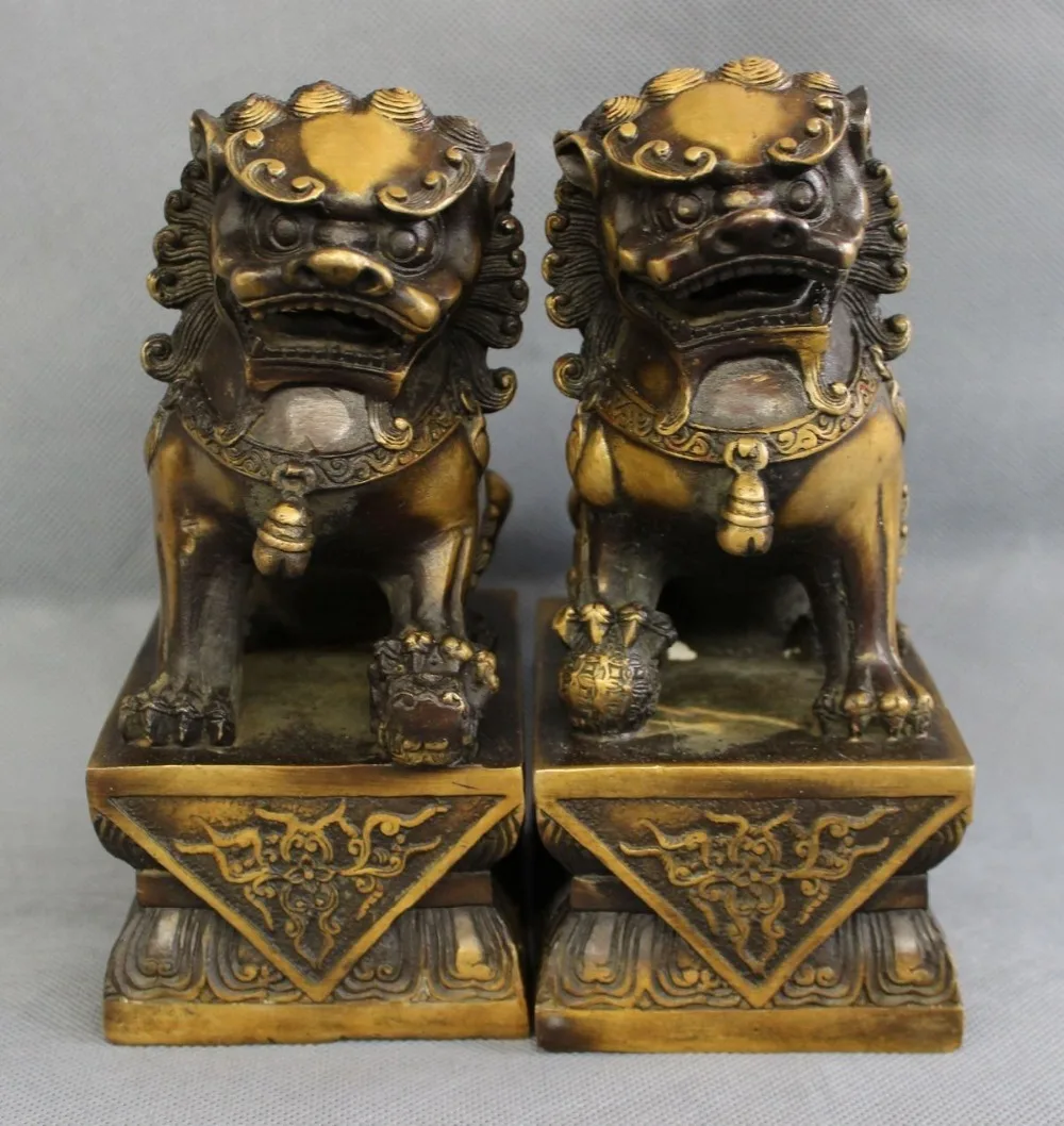 

wan671009+++Chinese Bronze FengShui Foo Fu Dog Wealth Foo Fu Dog Men Lion Ball Statue Pair