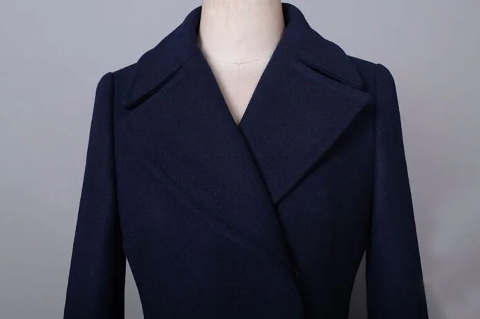 Мода, женское осенне-зимнее длинное кашемировое шерстяное пальто, Тренч, красивое тонкое синее шерстяное пальто, Тренч, пальто размера плюс