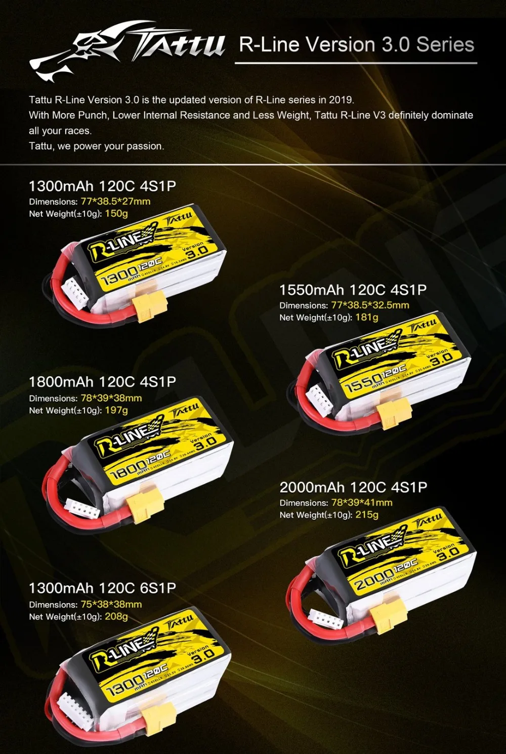 Татту R-Line Версия 3,0 V3 4S 6S 1300/1550/1800/2000 мА/ч, 120C 14,8 V Lipo Батарея с XT60 разъем для небольшой гоночный Дрон с видом от первого лица Квадрокоптер