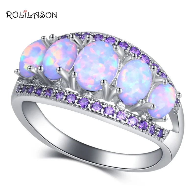 

ROLILASON Exquisite gift White Fire Opal Purple crystal Fashion Jewelry for Women 925 Silver Rings USA Size #5#6#7#8#9#OR903