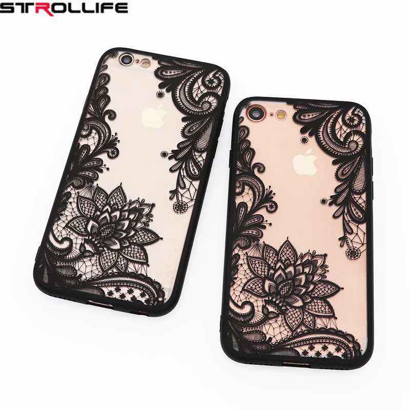 STROLLIFE Phone Cases For iPhone 7 cover Sexy Black Lace Floral Vintage Flower Clear Back Cover iphone 7Plus 6 6s 5s Capa |