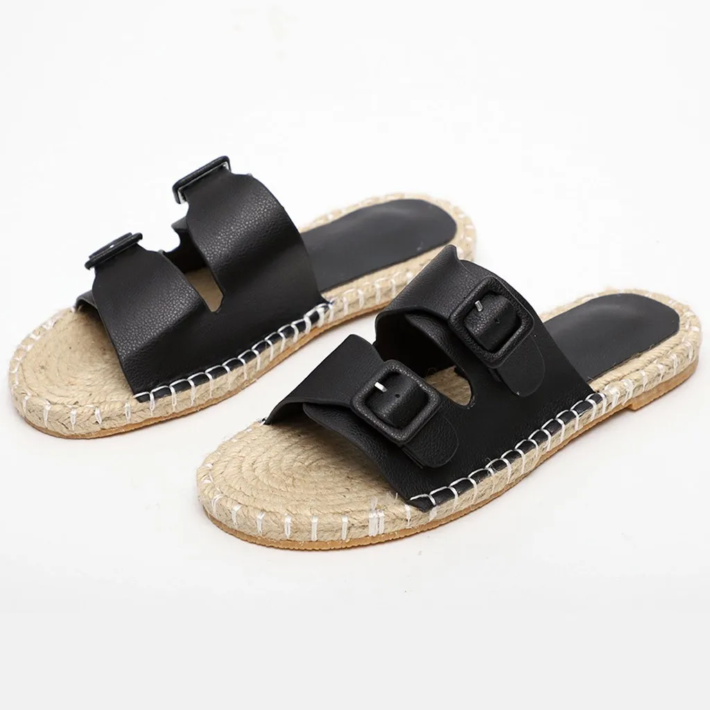 

CHAMSGEND Women's large size slippers, hemp rope flat slippers, seaside holiday beach shoes, summer wild outdoor sandals