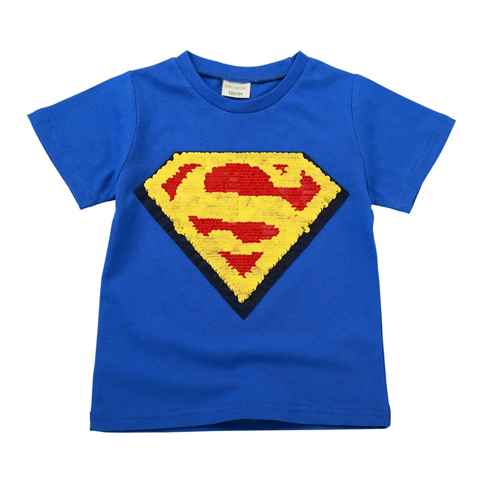 VOGUEON/От 2 до 8 лет, летняя футболка для мальчиков Волшебные двусторонние футболка в блестках, детская повседневная одежда модные футболки с короткими рукавами с изображением Супермена