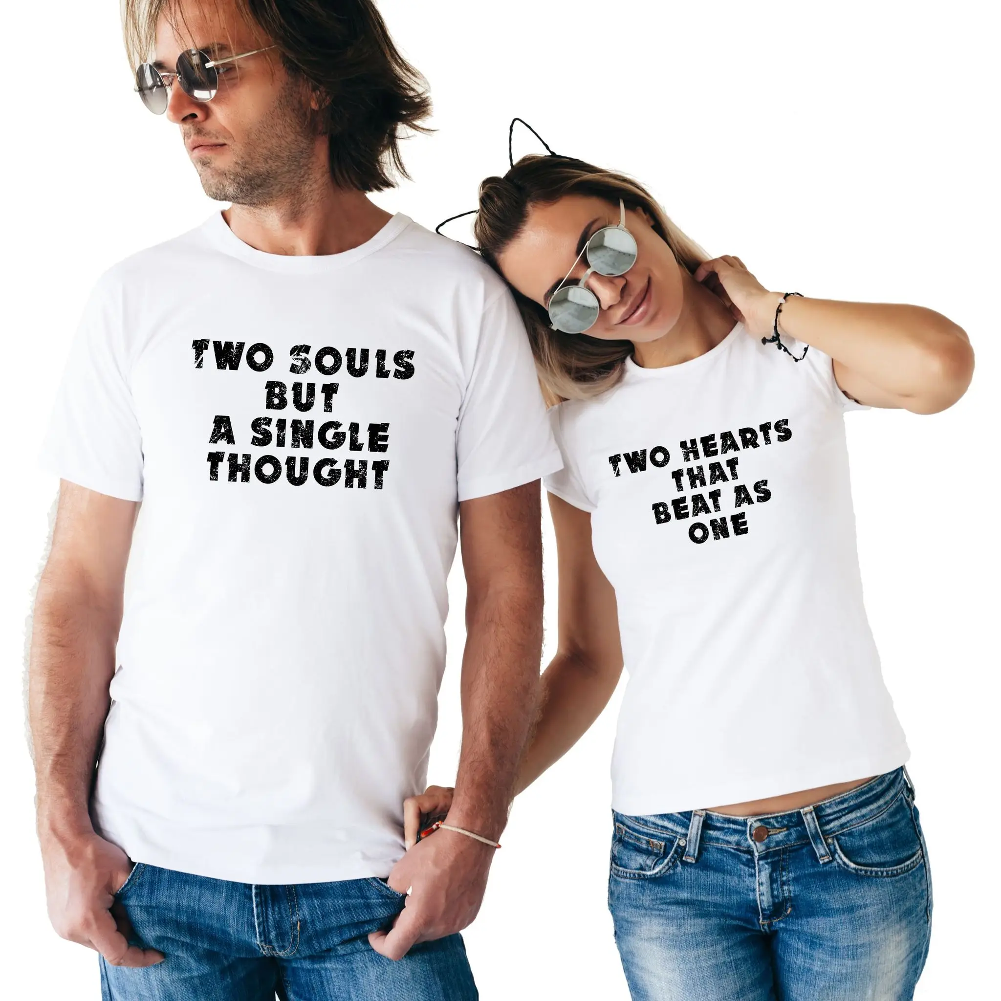 Two Souls But A Single Thought Two Hearts That Beat As One Slogan Letter Print T-shirt Funny Couple T Shirt for Lovers Gift