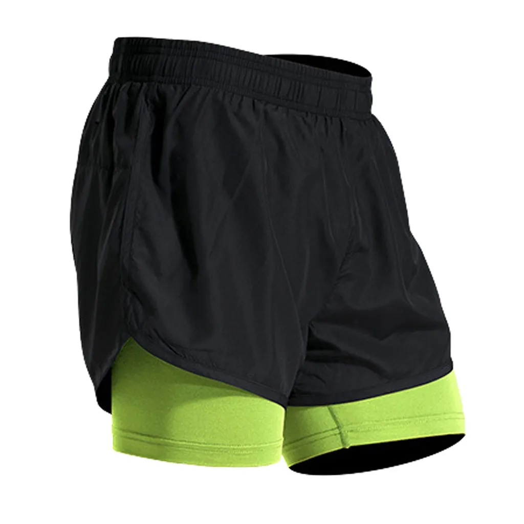 Mens Fitness Fake Two Pieces Bodybuilding Skin Tight-drying Short Sports Pants Training Man Quick Drying Compression Shorts #C