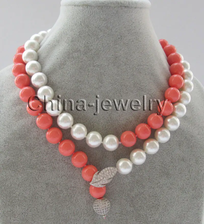 

SHIPPING HOT sell new Style >>>>35" 12mm perfect round white pink ( coral color ) south sea shell pearl necklace