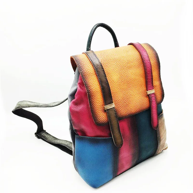 Новинка, винтажный рюкзак ручной работы из коровьей кожи в стиле пэчворк, женский рюкзак для путешествий из натуральной кожи, контрастный цвет, ретро рюкзак