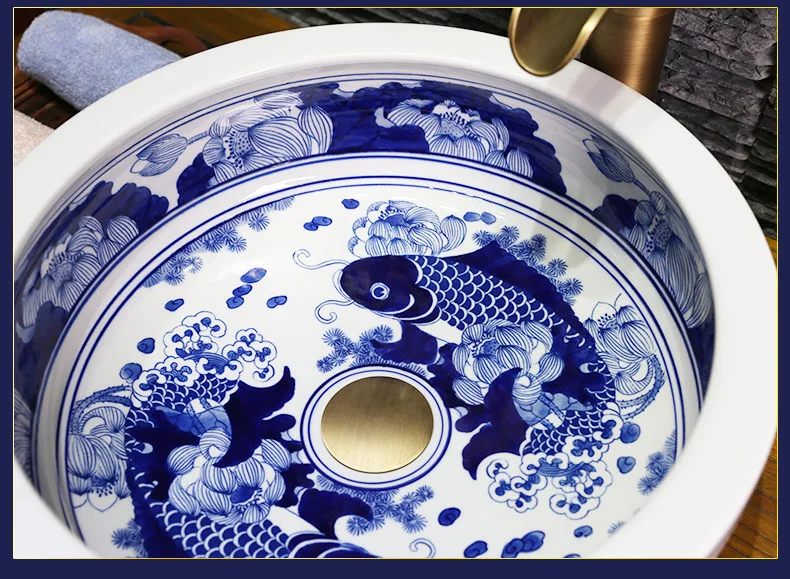 Antique Handmade Europe Vintage Style Lavobo Ceramic Bathroom Countertop Bathroom Sink hand painted bathroom sinks blue and white fish painting (6)