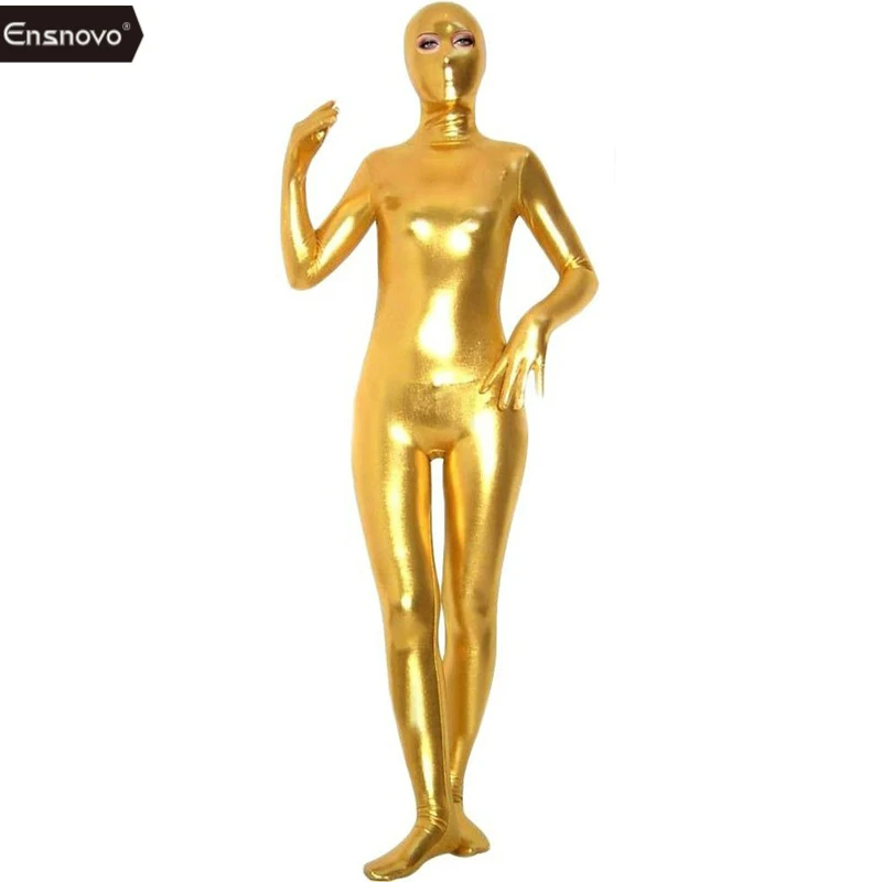 Cosplay Costume Adult Unitard Ensnovo Women Nylon Spandex Bodysuit Black Shiny Metallic Zentai Catsuit Skin Open Eyes Full Body Costume