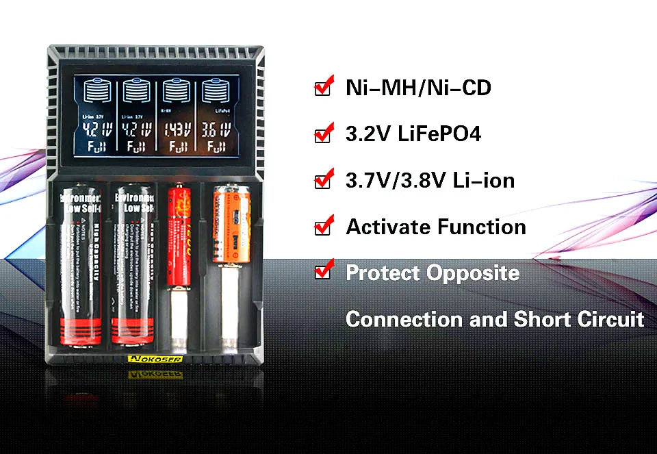 

Original NOKOSER D4 Digicharger LCD Intelligent Circuitry Global Insurance Li-ion 18650 14500 16340 26650 Battery Charger