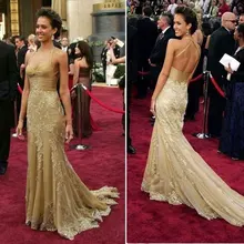 Сексуальная Шампанское Топ "Русалка" Пол Длина знаменитостей с кружевами платье без рукавов с открытой спиной вечернее платье