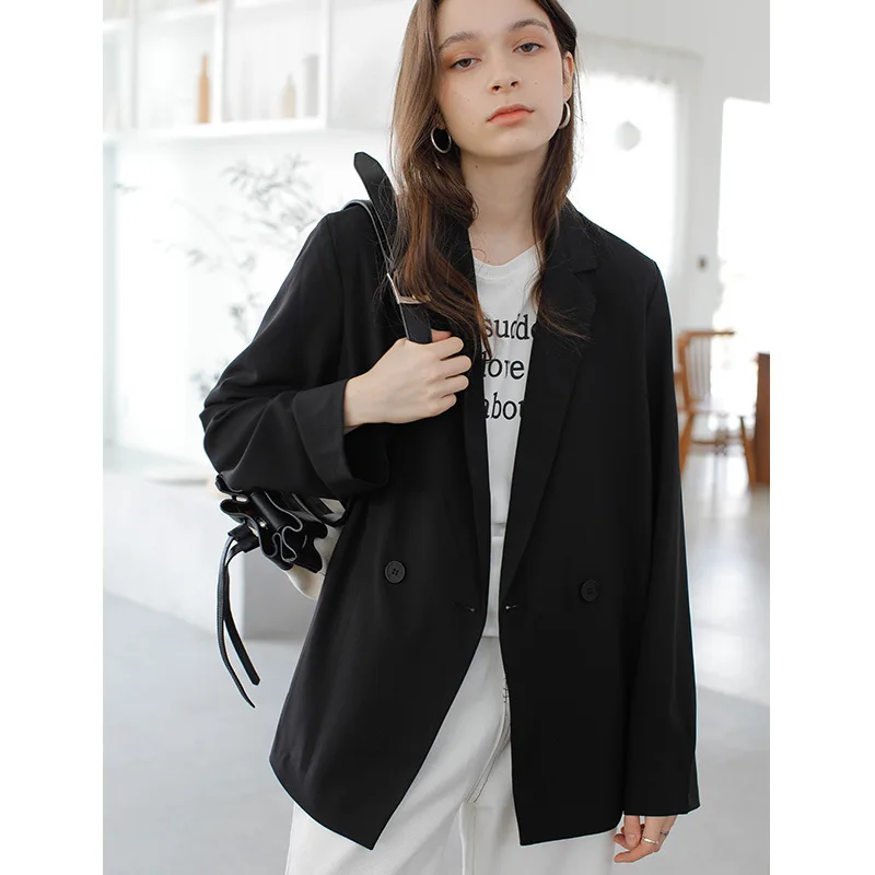 Spring 2019 New Super Red Drop Loose Leisure Small Suit Coat Double Breasted Notched Black Women Jackets and Coats Suit