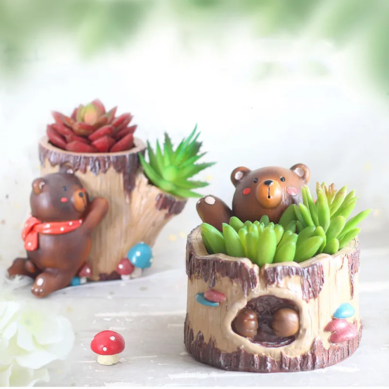 

Modern Wooden Resin Bonsai Succulents Pot Retro Permeable Ceramic Pen Holder Flower Pots Living Room Office Garden Home Decor