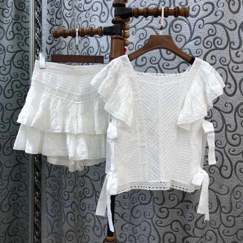 [LIVIVIO] весенний кружевной лоскутный комплект из двух предметов, женская блуза с коротким рукавом и квадратным воротником, шорты с оборками