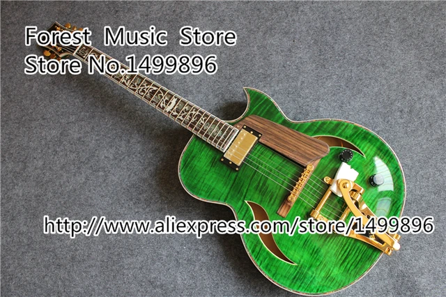 Cheap Emerald Green Custom China Electric Jazz Guitars Golden Hardware Hollow Guitar Body Floral Inlay Body &Kits Avaiable