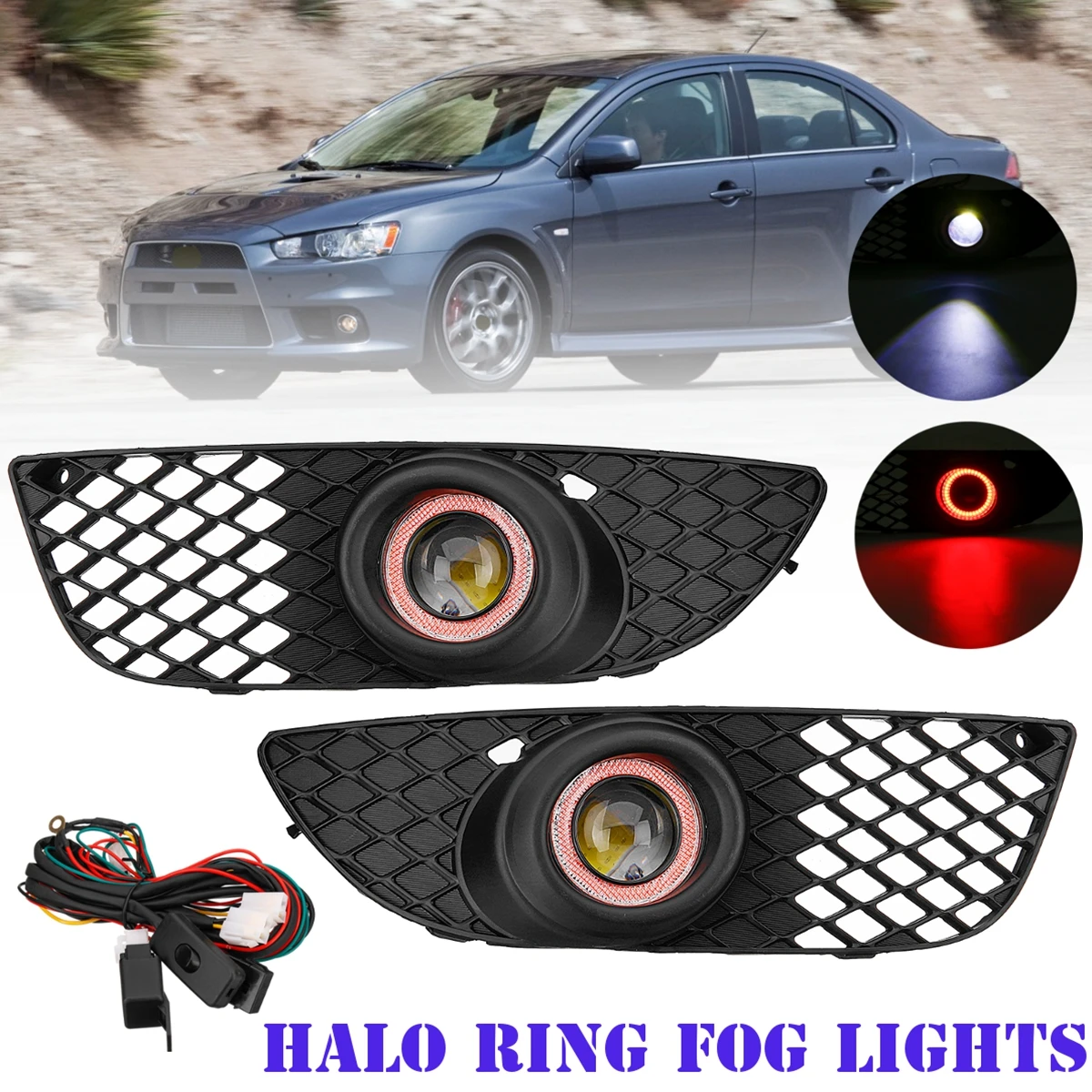 

12V 40A 55W Clear Lens Halo Ring Fog Lights Lamps With Wiring Harness Switch Relay for Mitsubishi Lancer 08-14 Blue/Red/White