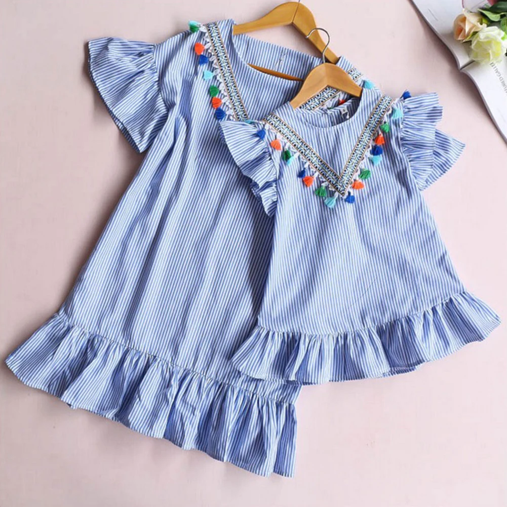 

MrY Fashion Family Matching Clothes Mother Daughter Short sleeve striped skirt Baby Girl Mini Dress Mom Baby Girl Party Clothes