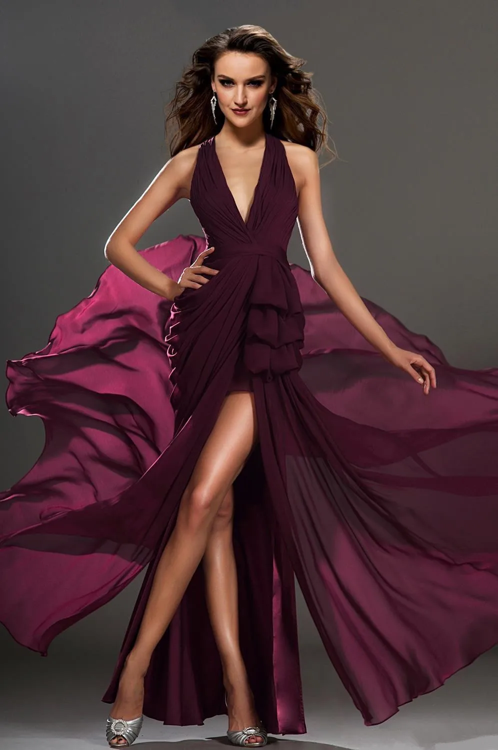 1 2014 Gorgeous Prom Dresses Sexy Wine Red V Neck Backless Floor Length Split Front Draped Chiffon Evening Party Dresses (4)