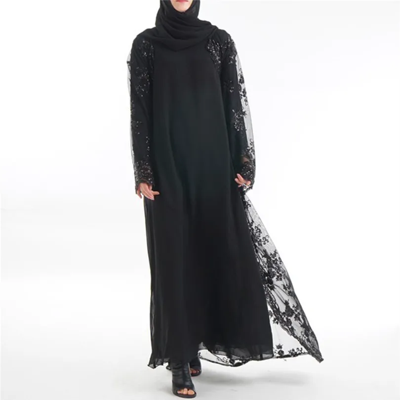New Muslim Women Summer Lace Sequin Cardigan Long Sleeve Maxi Dress Kimono Open Abaya Robe Kaftan Dubai #4F08 (7)