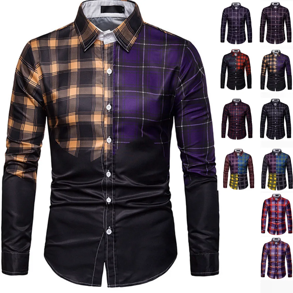 Бренд Chemise Homme клетчатые Лоскутные рубашки для мужчин s Slim Fit Мужская Повседневная