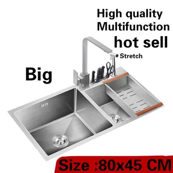 Cheap Free Shipping Home Big Kitchen Manual Sink Double Groove Luxury Multifunction Wash Vegetables 304 Stainless Steel 80x45 CM