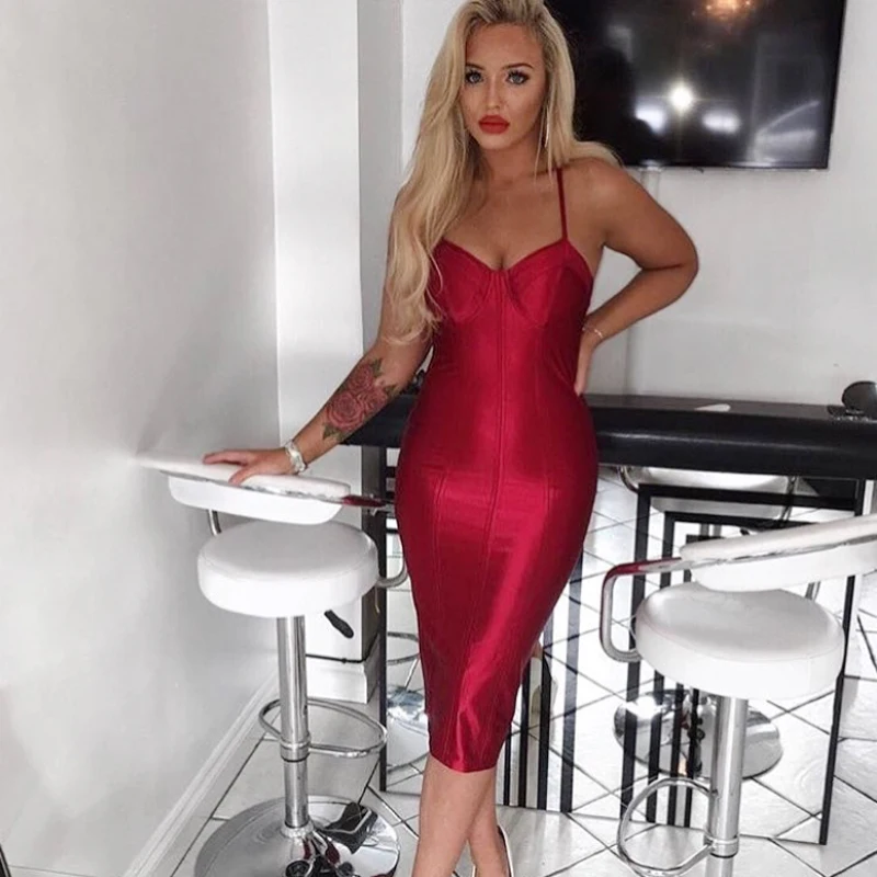 

Sexy V Neck Cross Straps strap Spaghetti Midi Dresses Burgundy Gold Shiny Satin Knee Length Bodycon Backless Party Dress