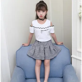 

Children's Summer Dress Girls Short Sleeve Skirt and Trousers Suit 2019 New Shoulder T-shirt Skirt and Trousers Suit Two Suits