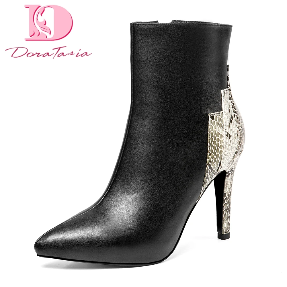 

Doratasia Hot Sale Genuine Leather Zip Up Pointed Toe Ankle Boots Woman Shoes Zip Up Thin High Heels Black Shoes Woman Boots