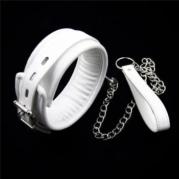 

White leather bondage harness fetish slave collar chain and chain leash neck corset sex adult collars restraints bdsm sexy toys