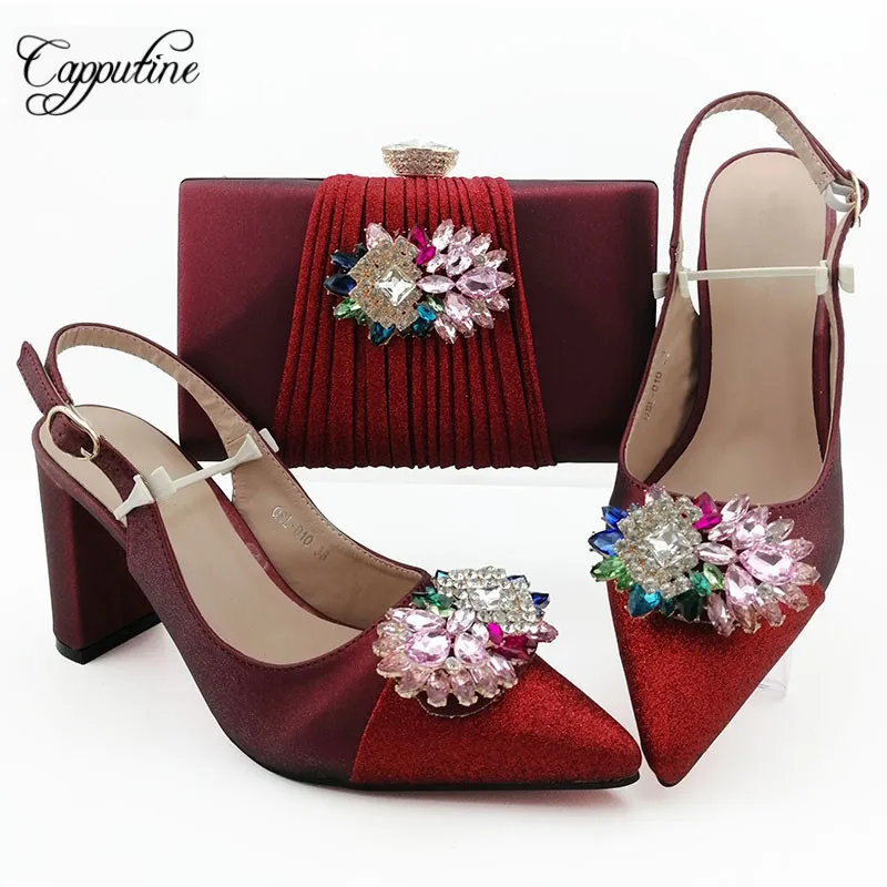 

Capputine Italian Decorated With Rhinestone Ladies Shoes And Bag Set African Summer Thin Heels Shoes And Bag Set For Wedding