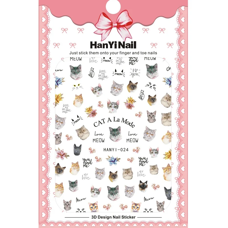 

1 sheet Watercolor 3D Nail Art Stickers Cat Lovely Nail Sticker Adhesive Nail Decals Nail Decoration Accessories