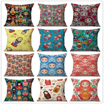 

Cute Moscow Souvenir Matryoshka Russian Doll Pattern Home Decoration Sofa Throw Pillow Case Russia Style Linen Cushion Cover