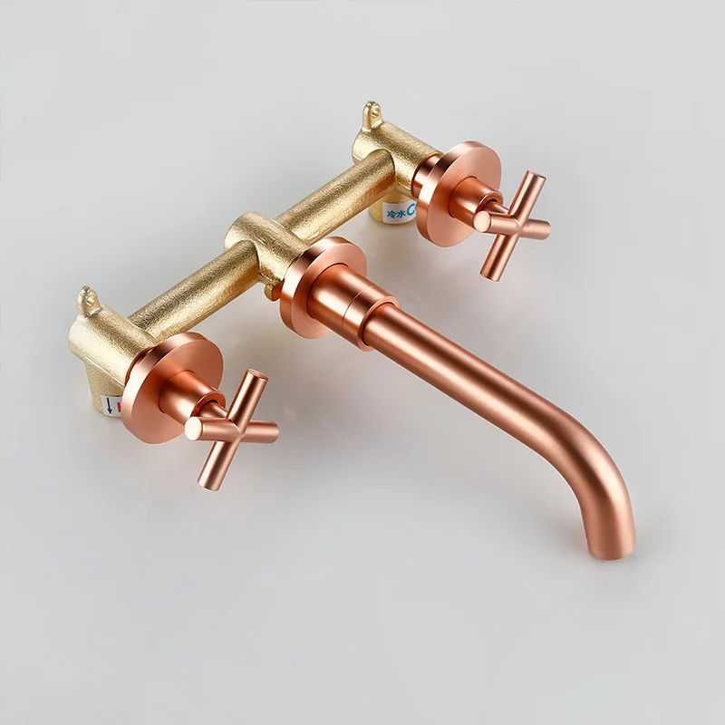 Preise Moderne Gebürstetem Rose Gold Messing Doppel Kreuz Griff Bad Wand Montiert 3 Loch Wasser Bad Hause Waschbecken Wasserhahn Heiß Kalt wasserhahn In Wand