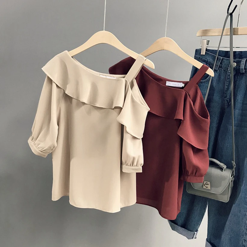 Spring and summer new style ne-shoulder strap off-shoulder ruffle collar shirt Short sleeve chiffon shirt