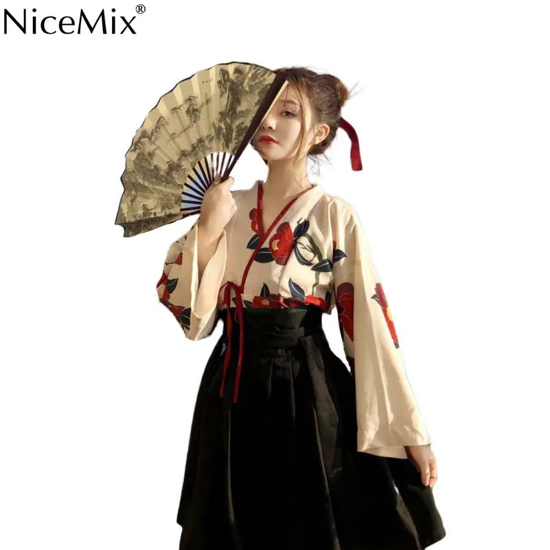 

NiceMix spring summer flare sleeve Women's Sets loose v-neck floral tops Two-piece set Women's Clothing loose black long skirt n